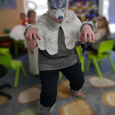 Staff member dressed as Grandmother Wolf for WBD