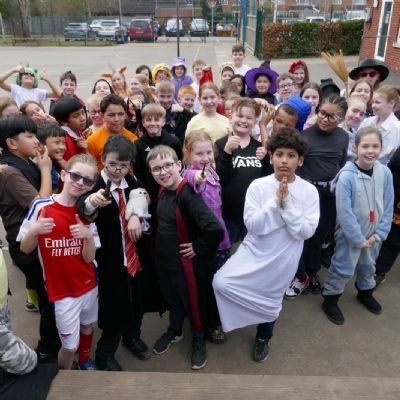 Year 5 pupils dressed up as various book characters for WBD
